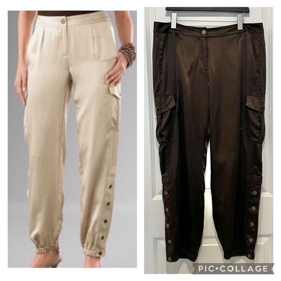 Chico's Casablanca Brown Silk/Cotton Blend Satin Cargo Joggers Sz. 3 (XL/16) - Picture 1 of 15